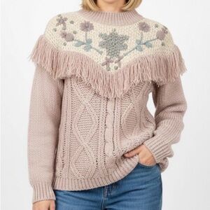 Vintage Nuggets Knitted by hand Fringed Mauve Sweater Floral Embroidery, M